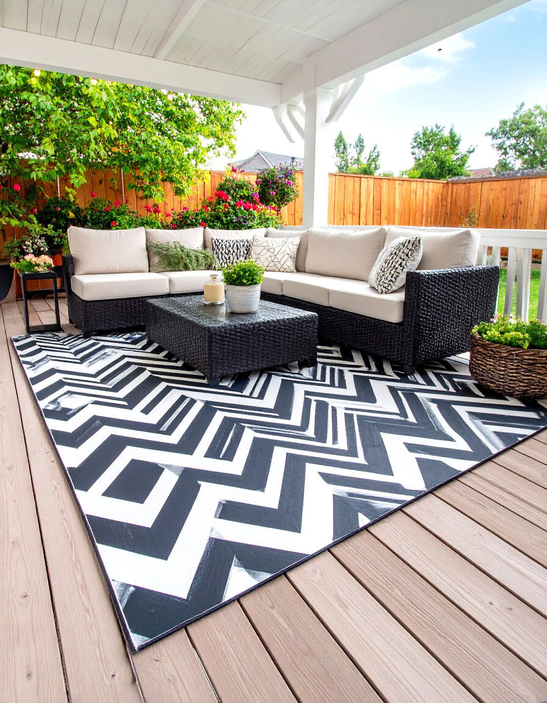 The DIY Painted Floorcloth Patio - 30 diy patio ideas on a budget