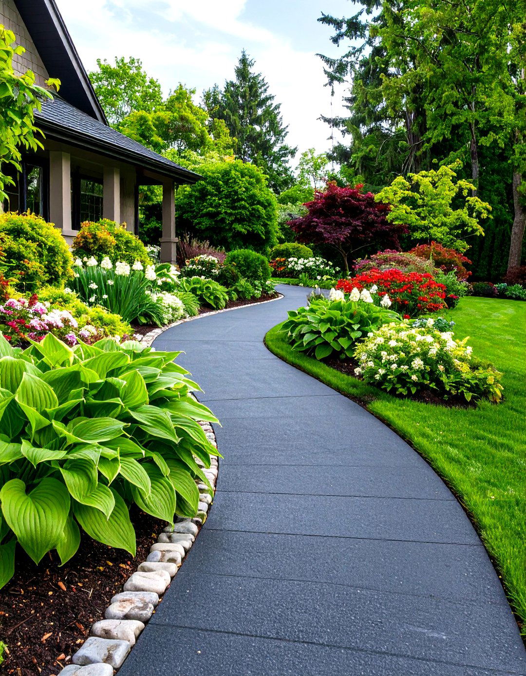 The Dark Asphalt and Lush Greenery Driveway - 30 driveway landscape ideas