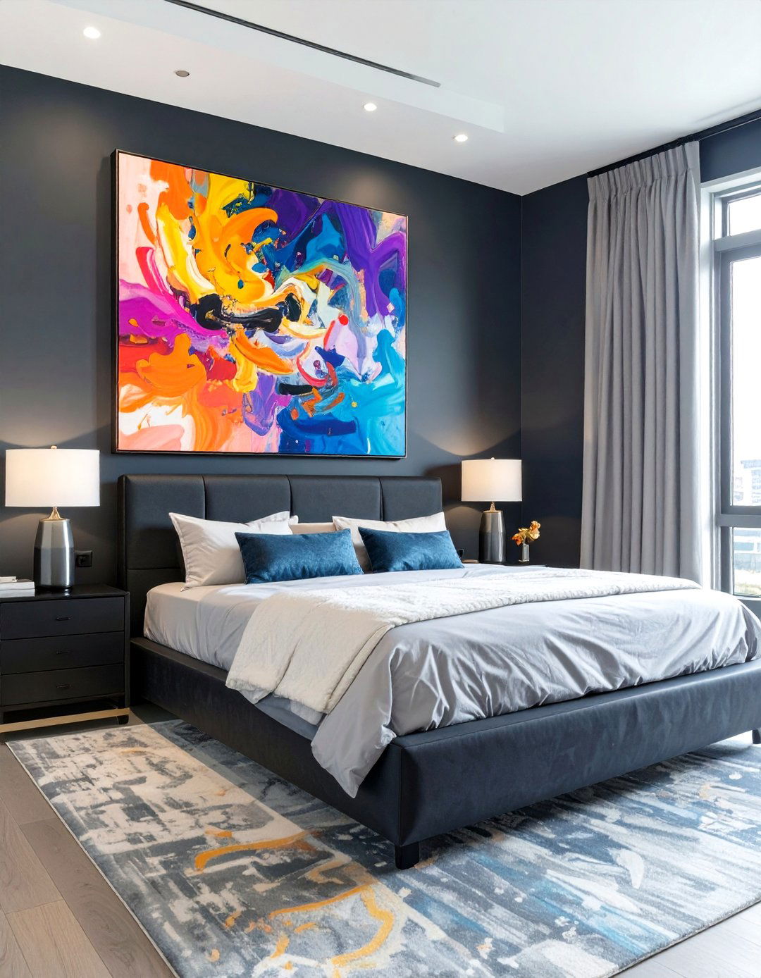 The Dark Bedroom with Oversized Art - 30 dark bedroom ideas