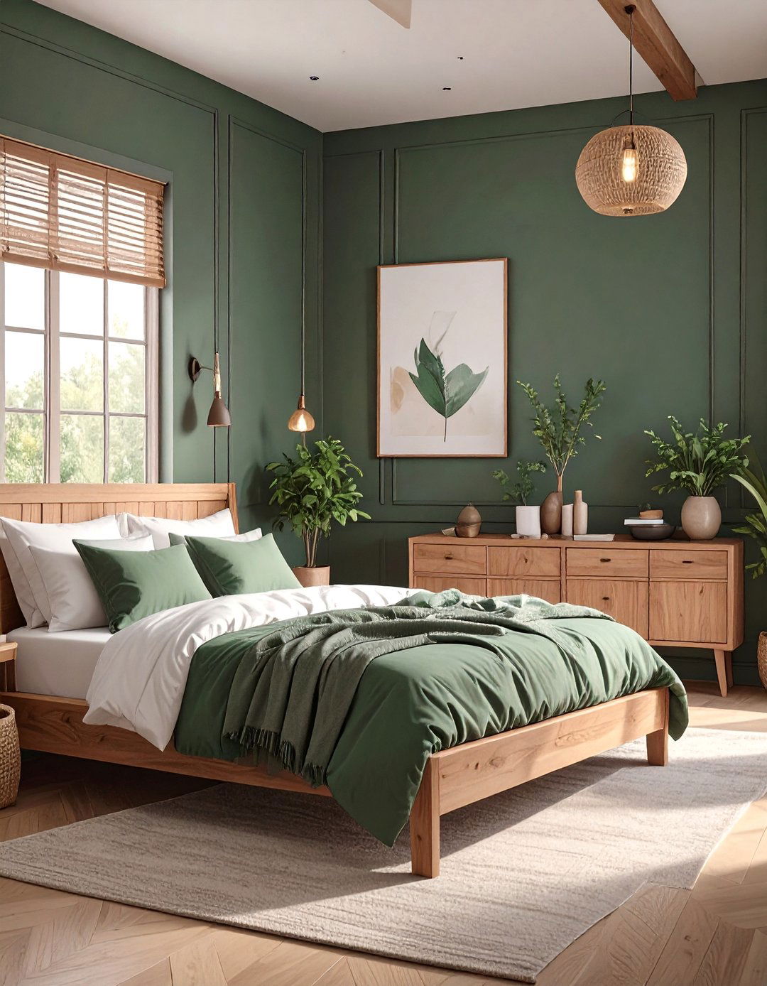 The Dark Green and Natural Wood Bedroom - 30 dark green bedroom ideas