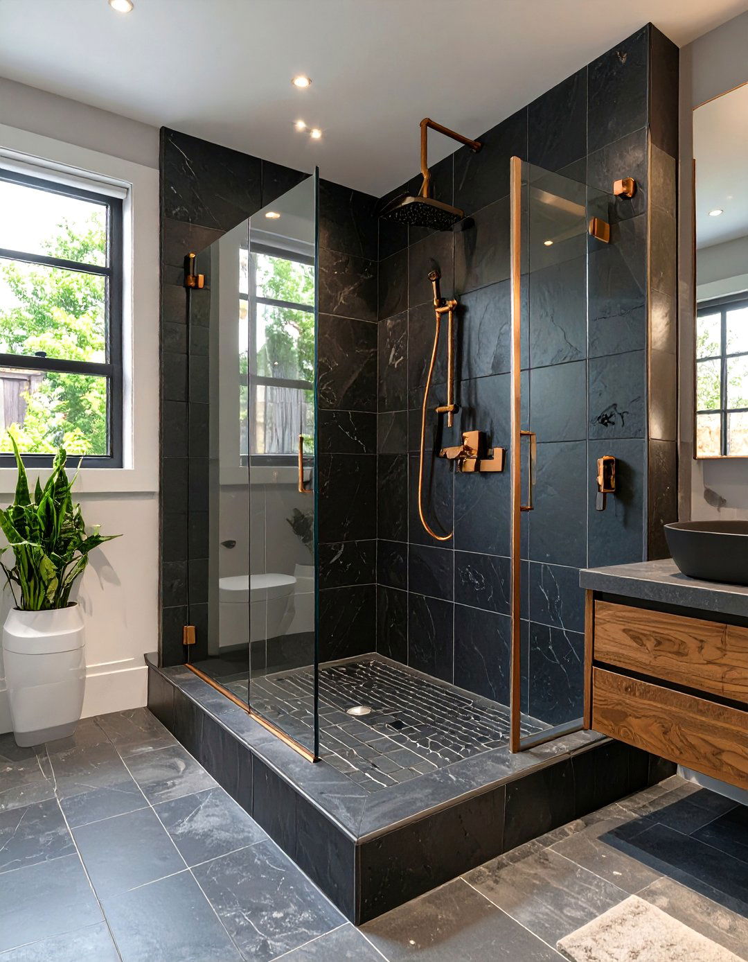 The Dark and Moody Curbless Shower - 30 curbless shower ideas
