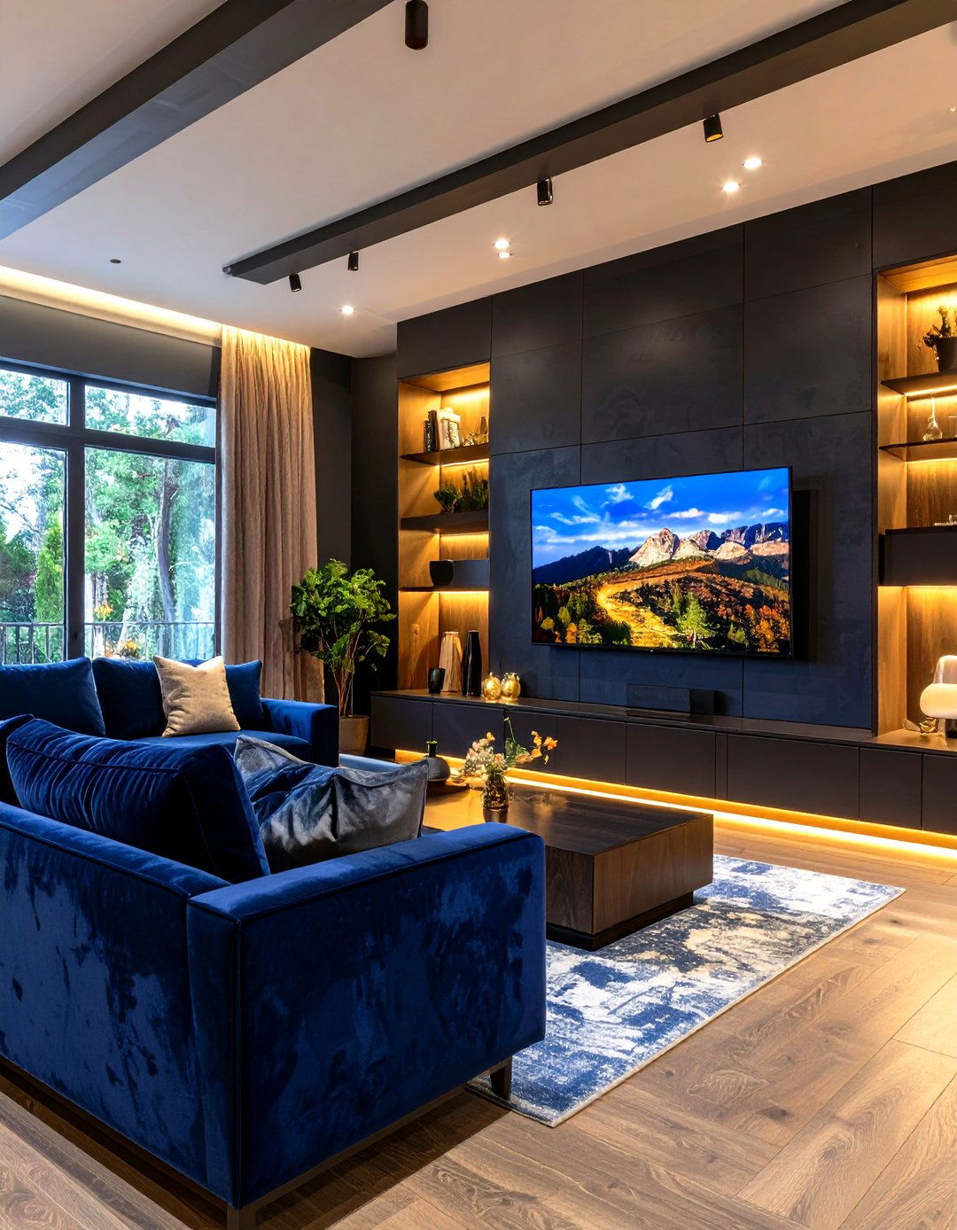 The Dark and Moody Living Room with a Camouflaged TV - 30 living room ideas with tv