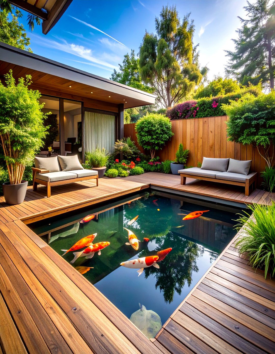 The Deck Integrated Koi Pond - 30 backyard koi pond ideas