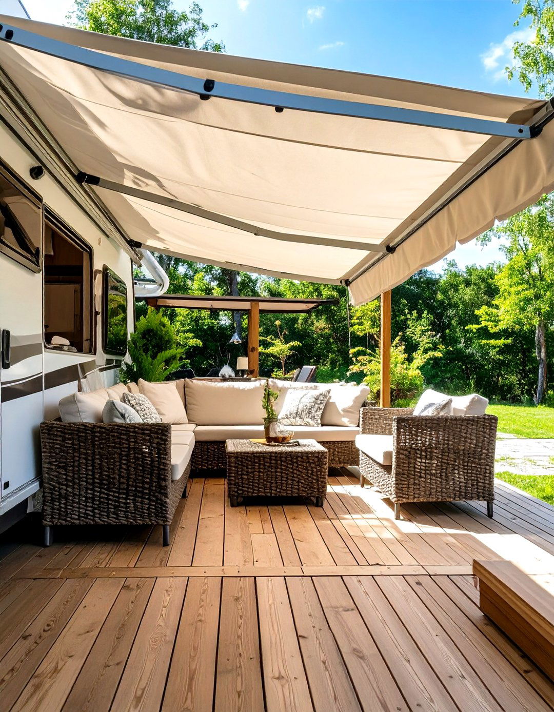 The Deck with a Retractable Awning - 30 diy camper deck ideas