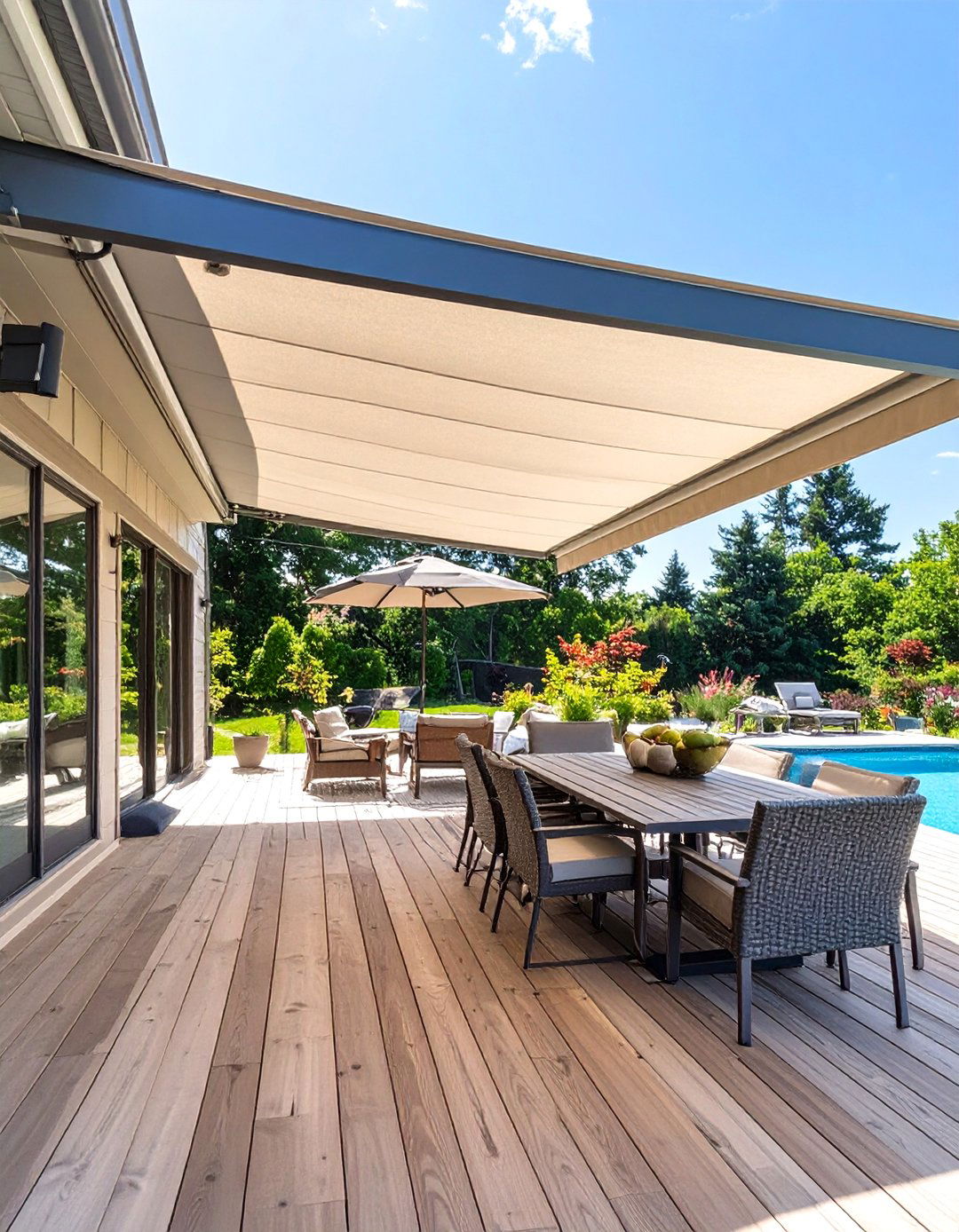 The Deck with a Retractable Awning - 30 deck ideas for above ground pools