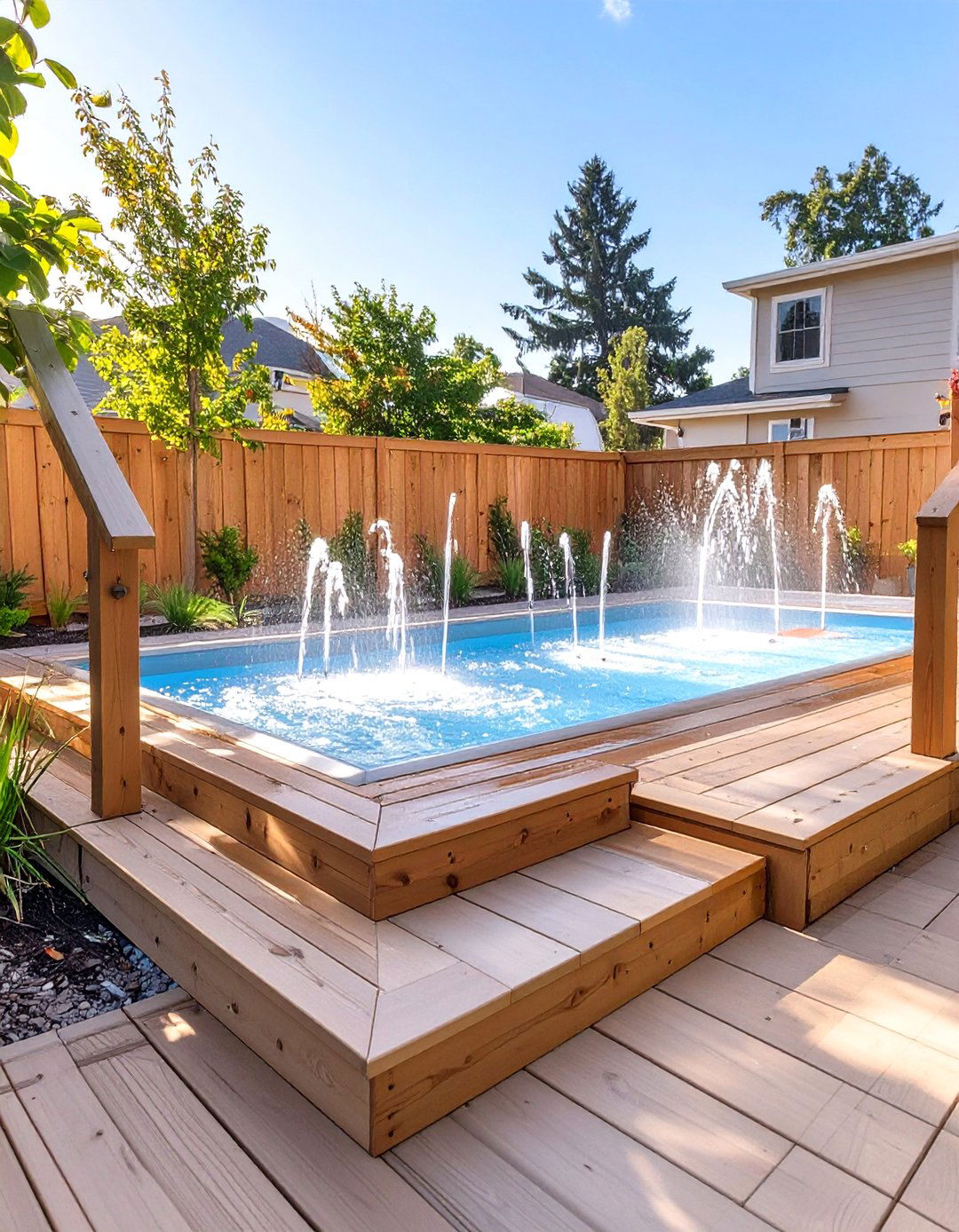 The Deck with a Splash Pad Area - 30 deck ideas for above ground pools