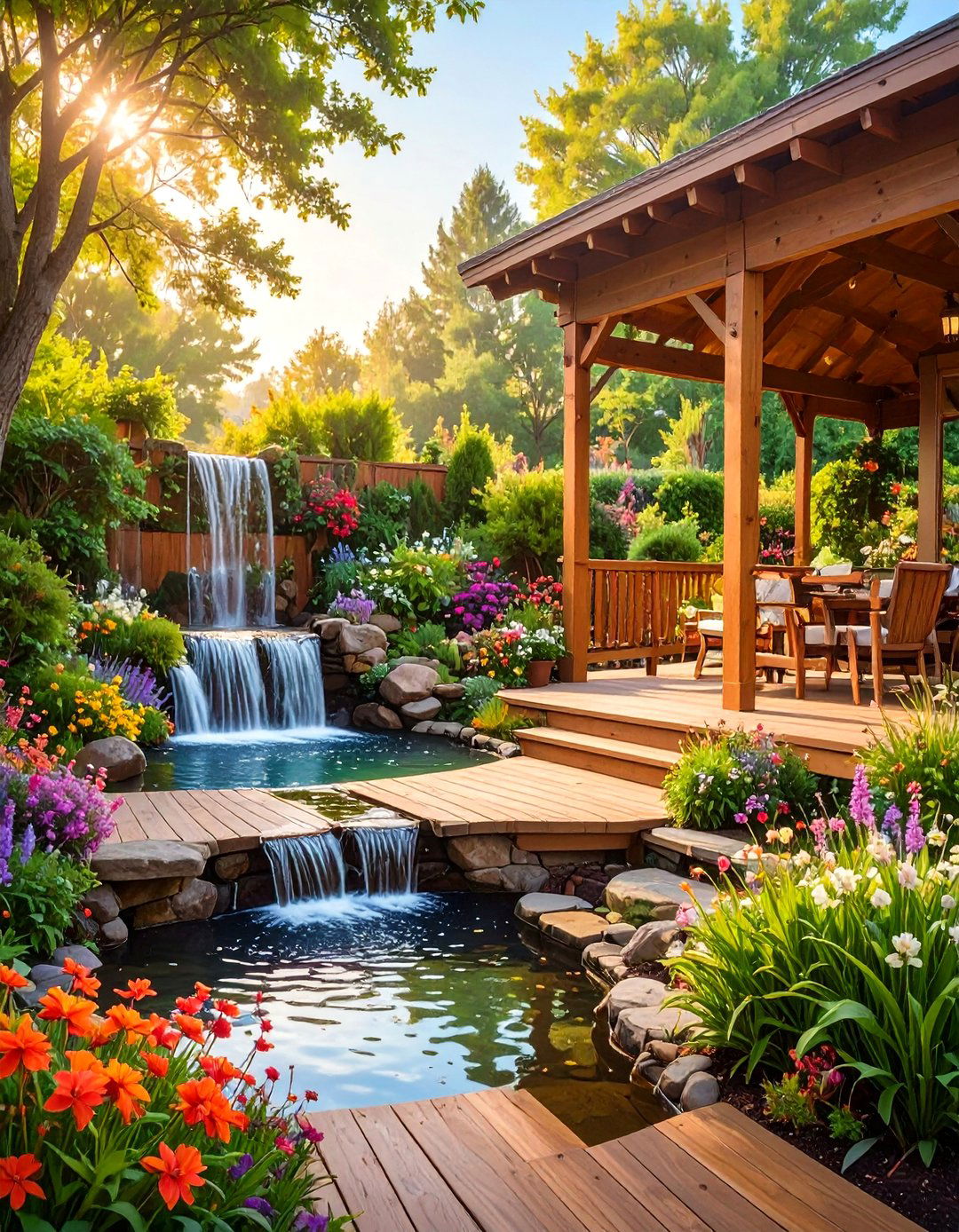 The Deck with a Water Feature - 30 backyard 2 level deck designs