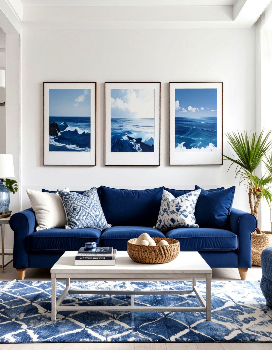 The Deep Blue Accents Living Room - 30 modern coastal living room ideas