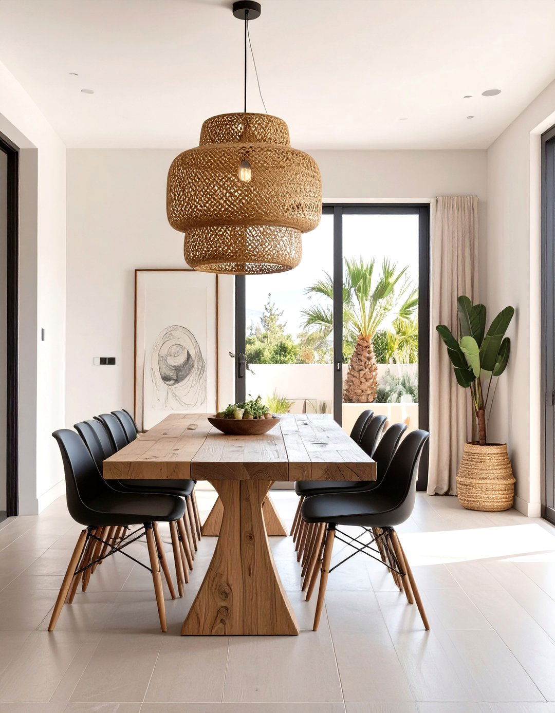 The Dining Area with Woven Pendant Lighting - 30 modern mediterranean interior design ideas