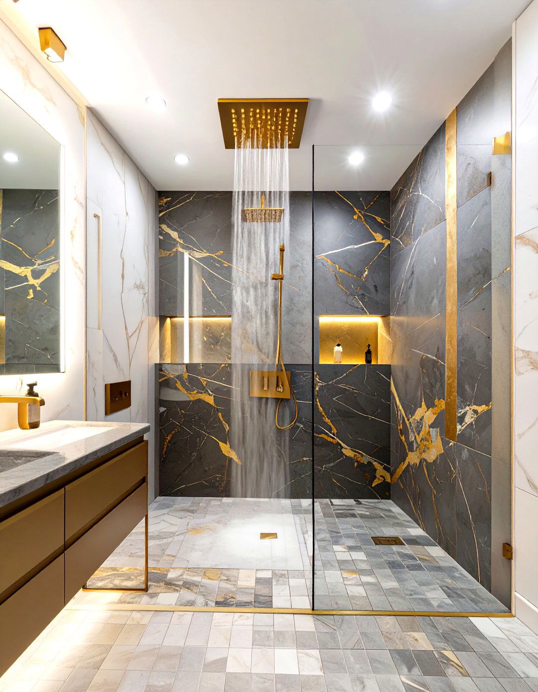 The Dramatic Black Marble Statement - 30 doorless walk-in shower ideas