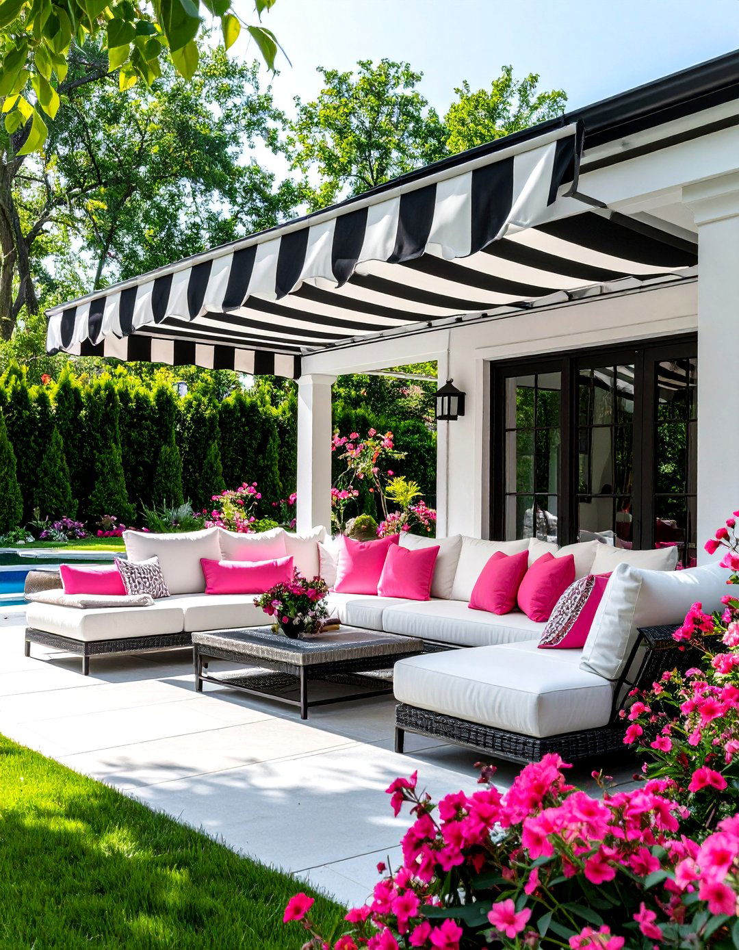 The Dramatic Black and White Cabana Stripe Awning - 30 backyard awning ideas