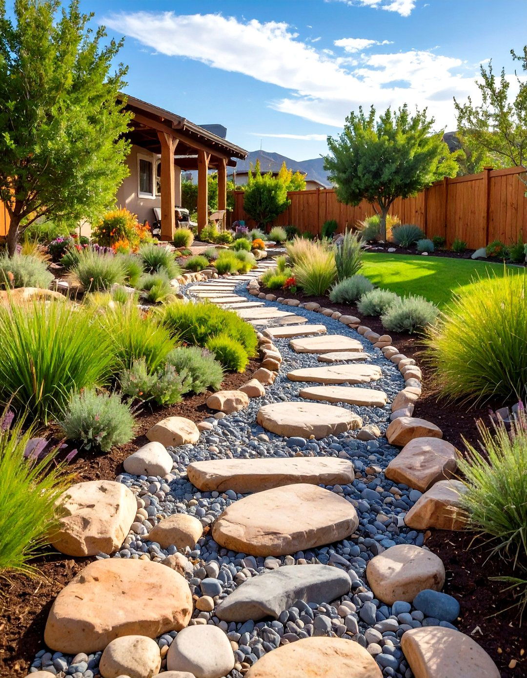 The Dry Creek Bed Feature - 30 down sloped backyard ideas