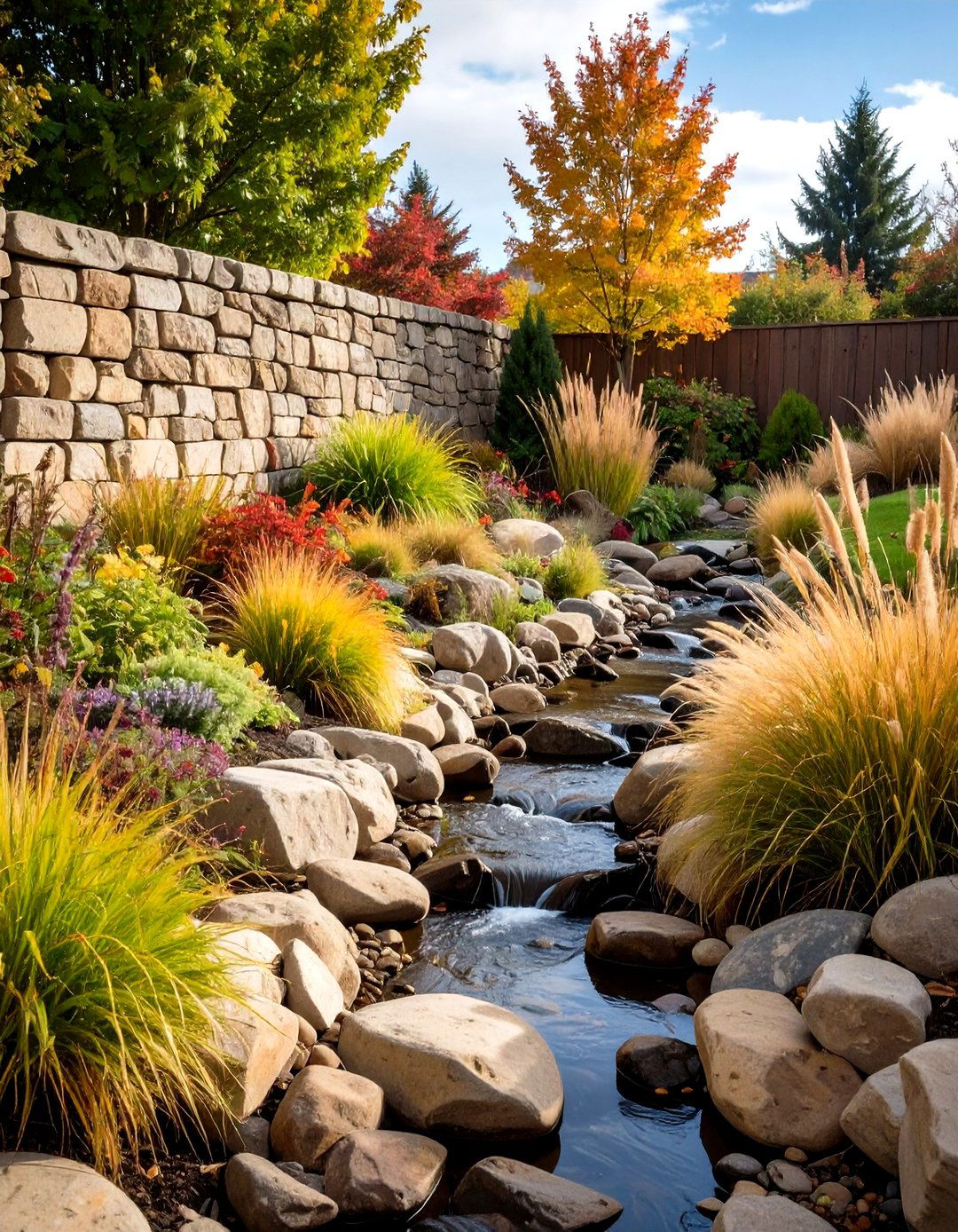 The Dry Creek Bed Garden Wall Transition - 30 garden retaining wall ideas