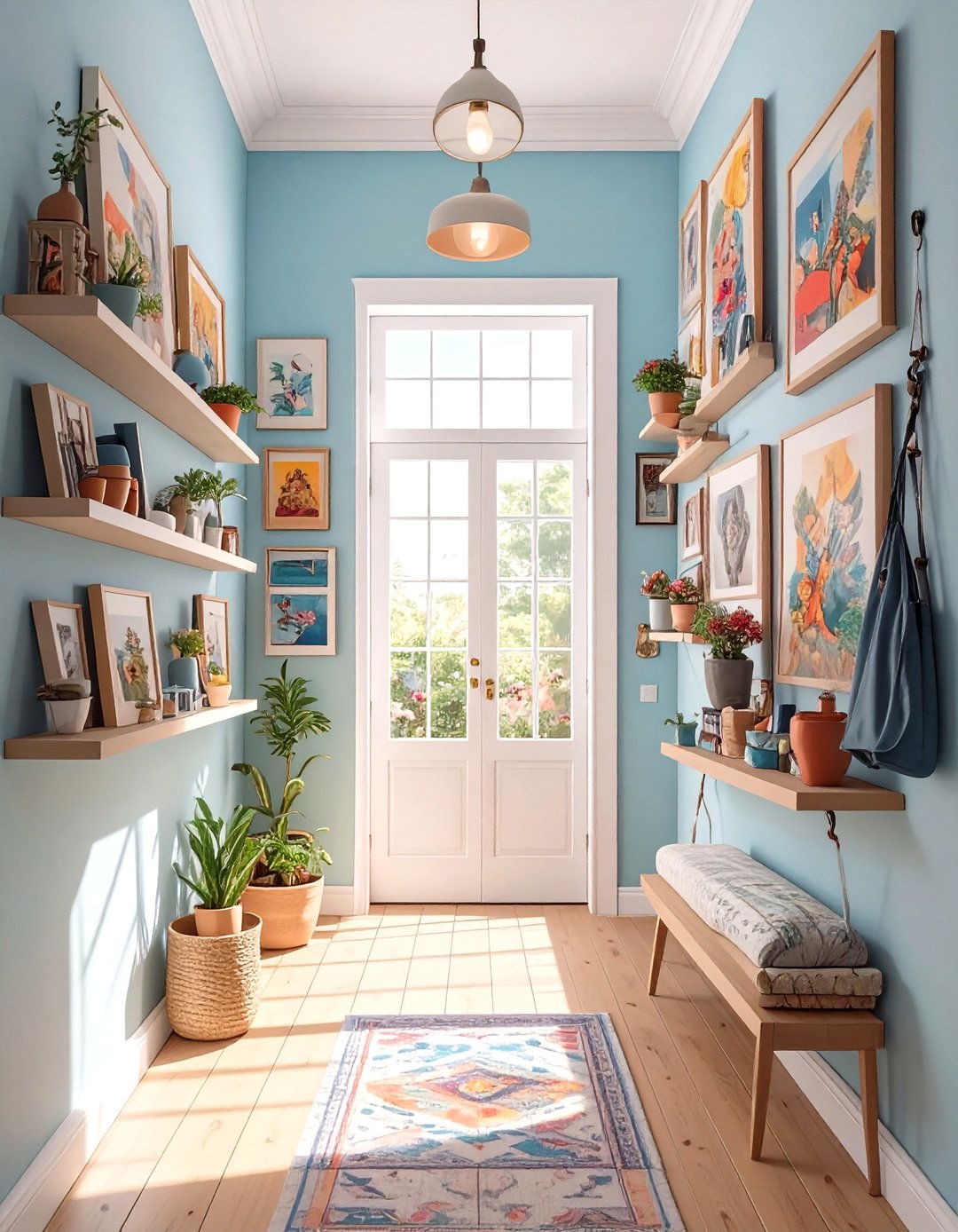 The Eclectic Gallery Wall with Shelves - 30 hallway storage ideas