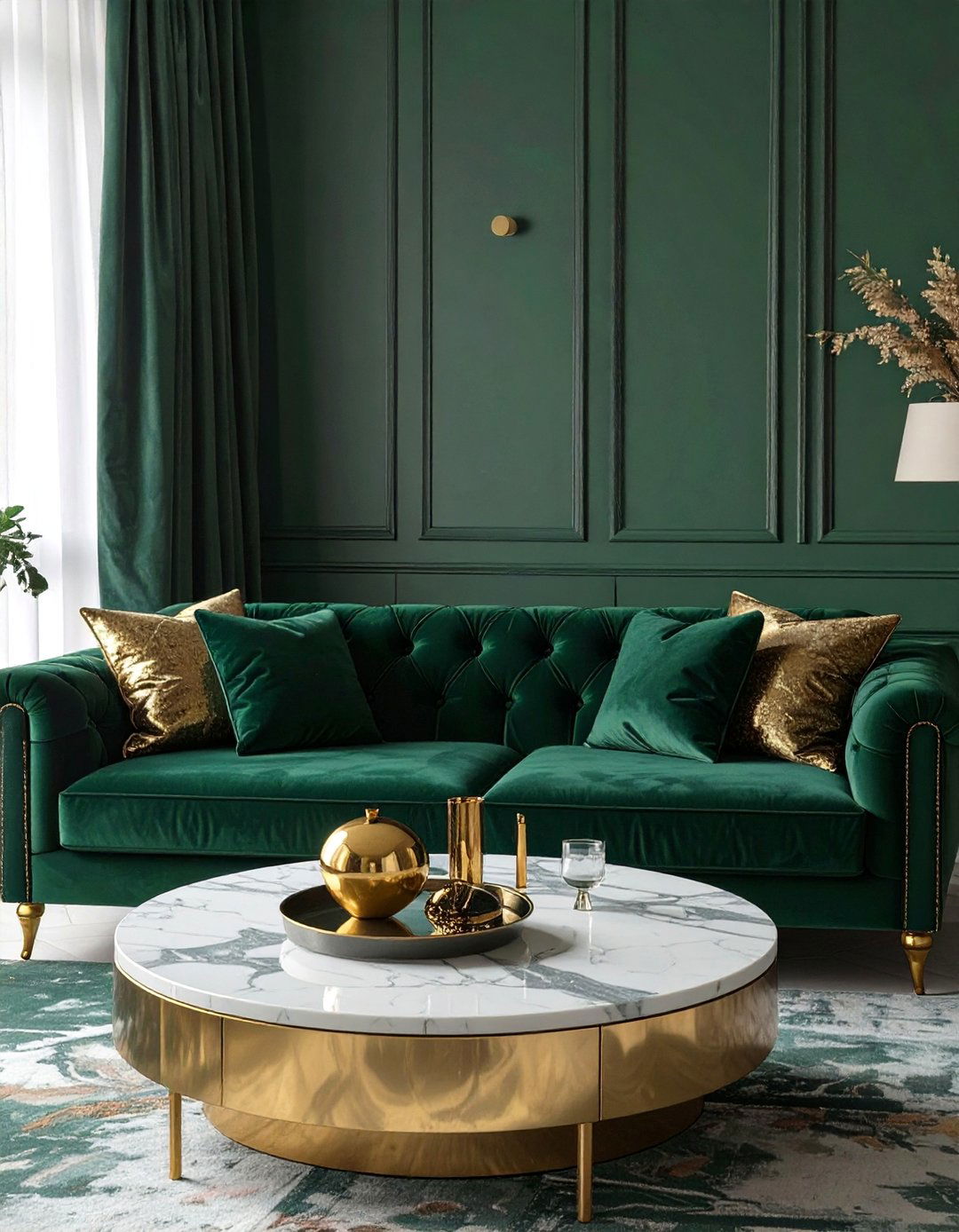 The Elegant Gold and Marble Living Room - 30 dark green sofa living room ideas