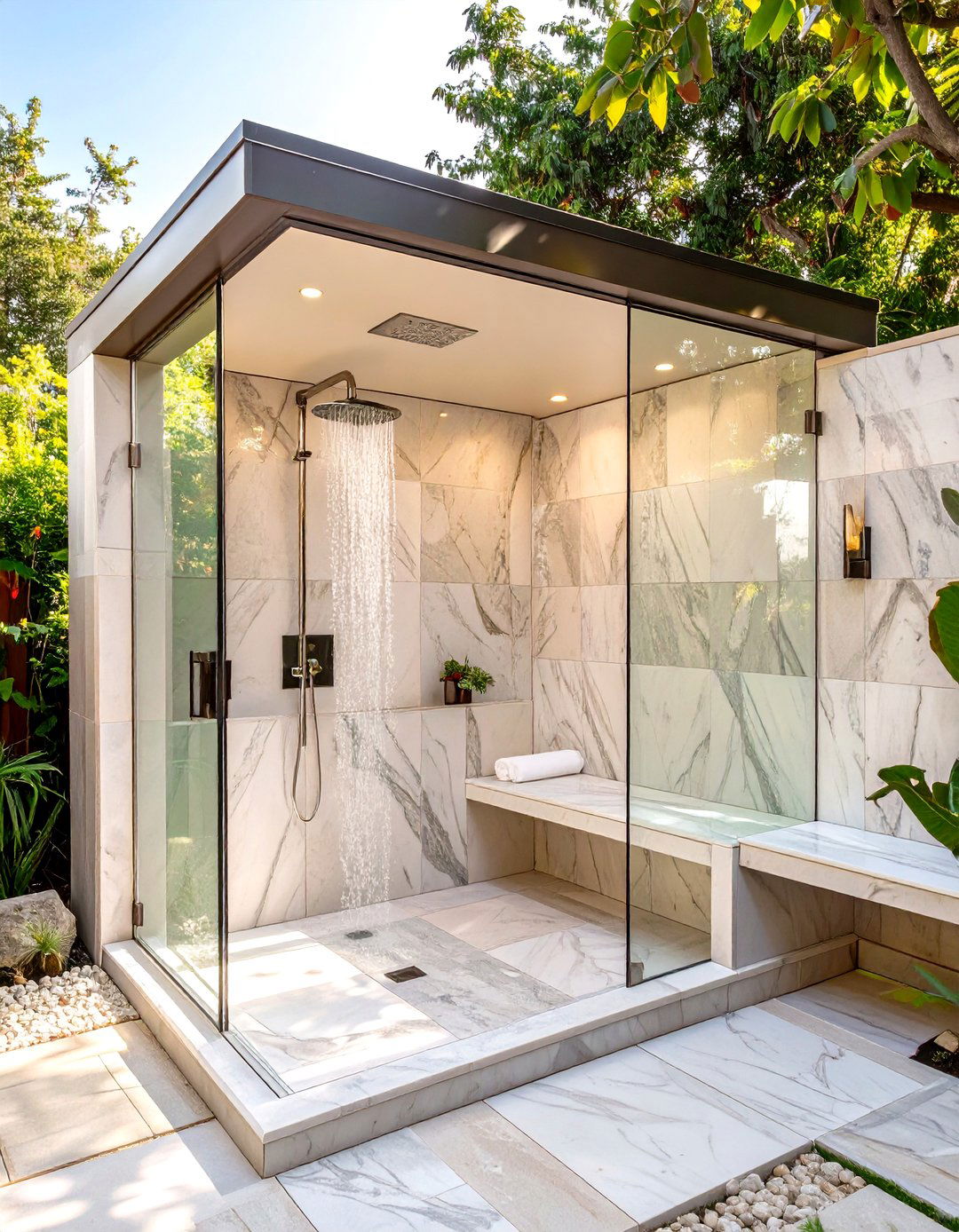 The Elegant Marble Tiled Nook - 30 backyard outdoor shower ideas