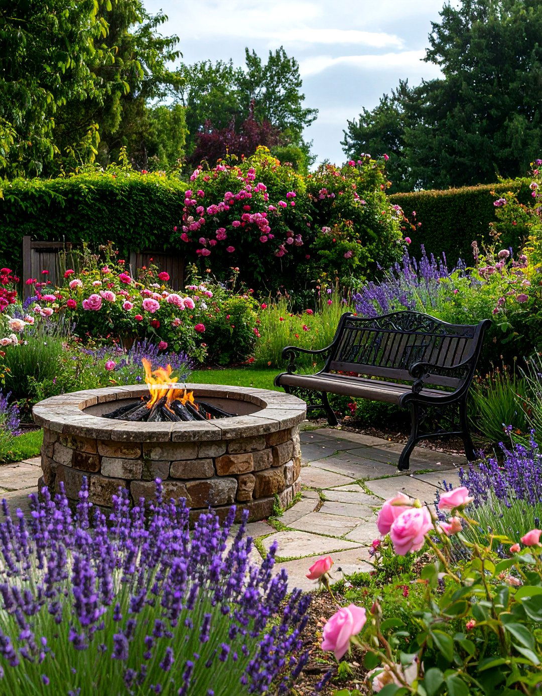 The English Garden Stone Firepit - 30 backyard firepit ideas