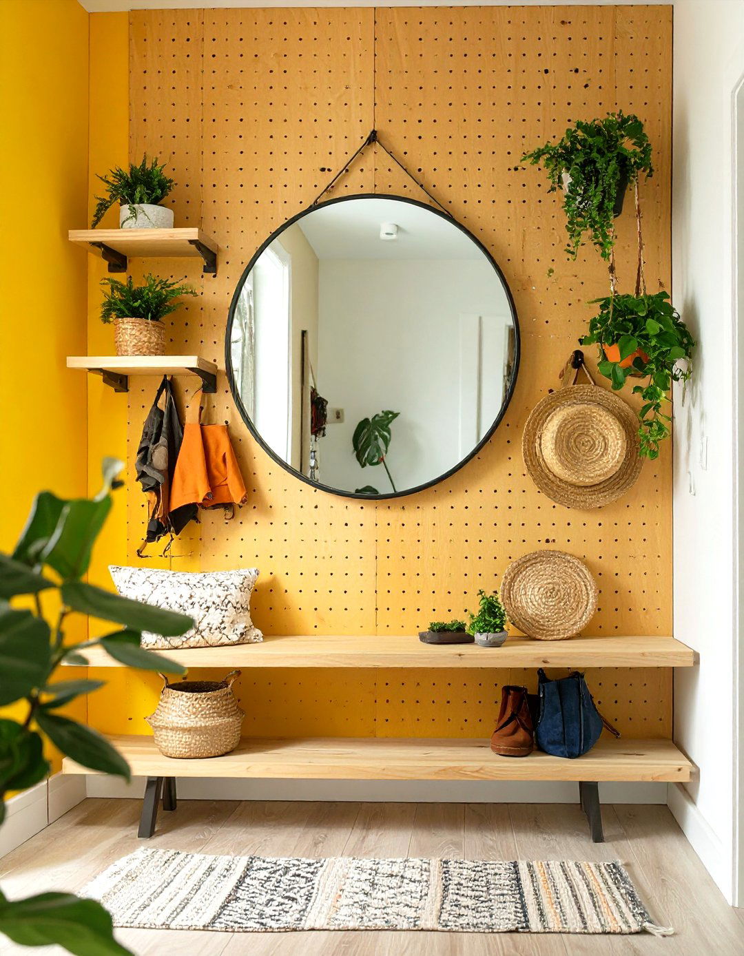 The Entryway Mirror and Pegboard Combo - 30 modern entryway mirror ideas