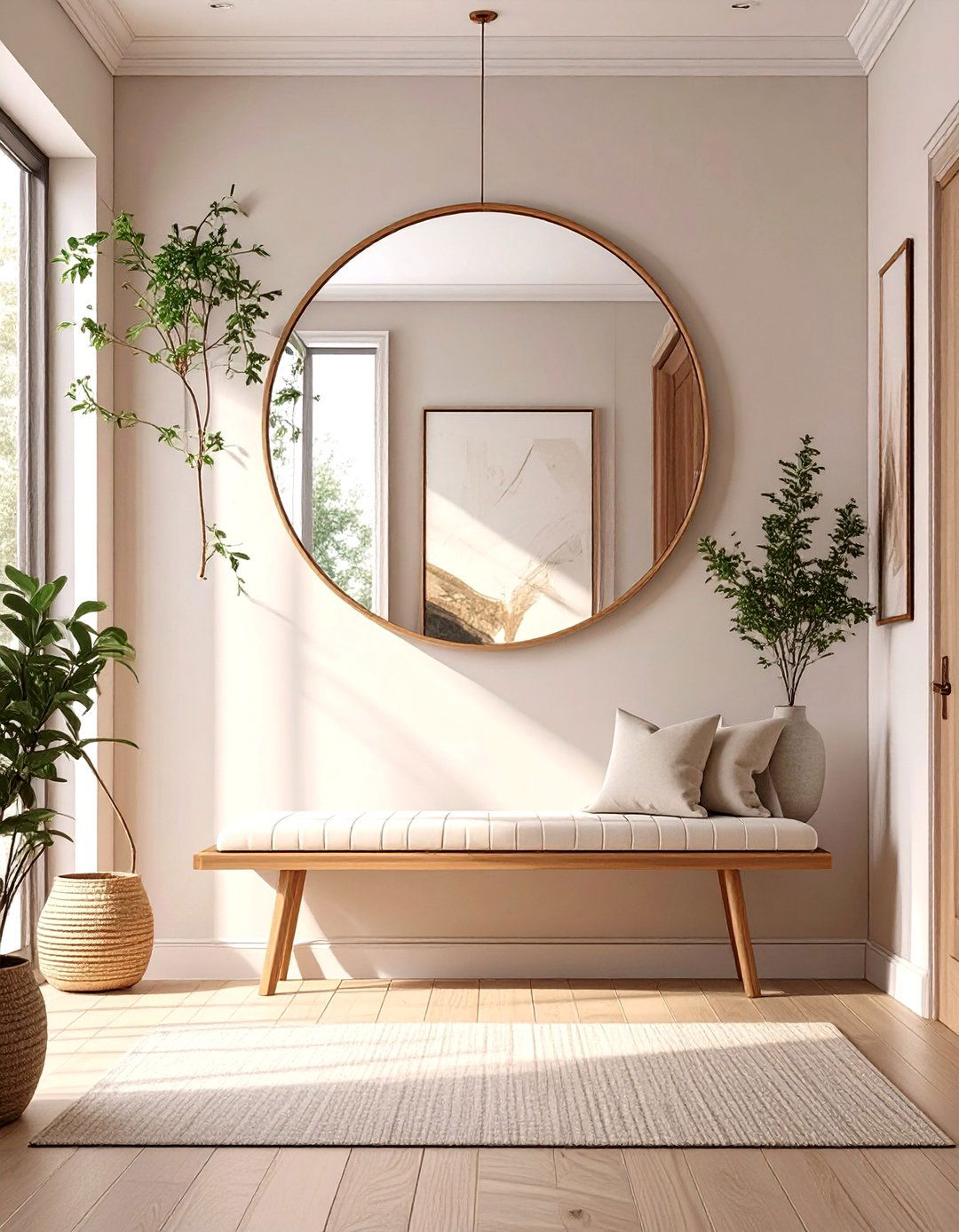 The Entryway with a Bench and Mirror Duo - 30 asymmetrical balance in interior design ideas