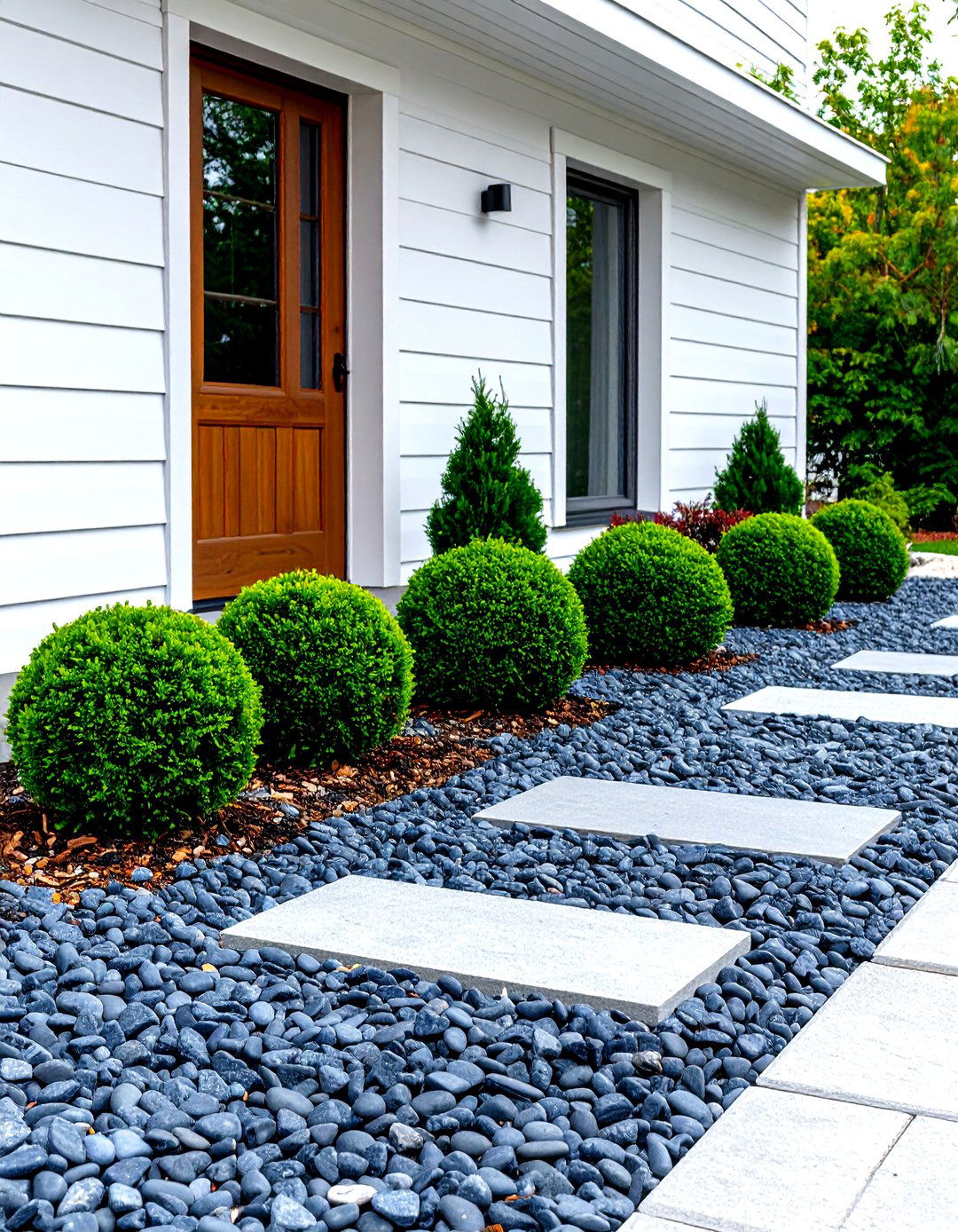 The Evergreen and Gravel Grid - 30 landscape ideas for front of house low maintenance