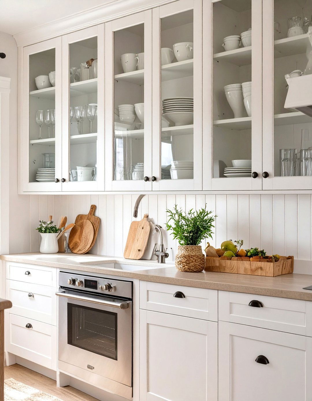 The Farmhouse Kitchen with Glass Front Cabinets - 30 modern farmhouse interior design ideas