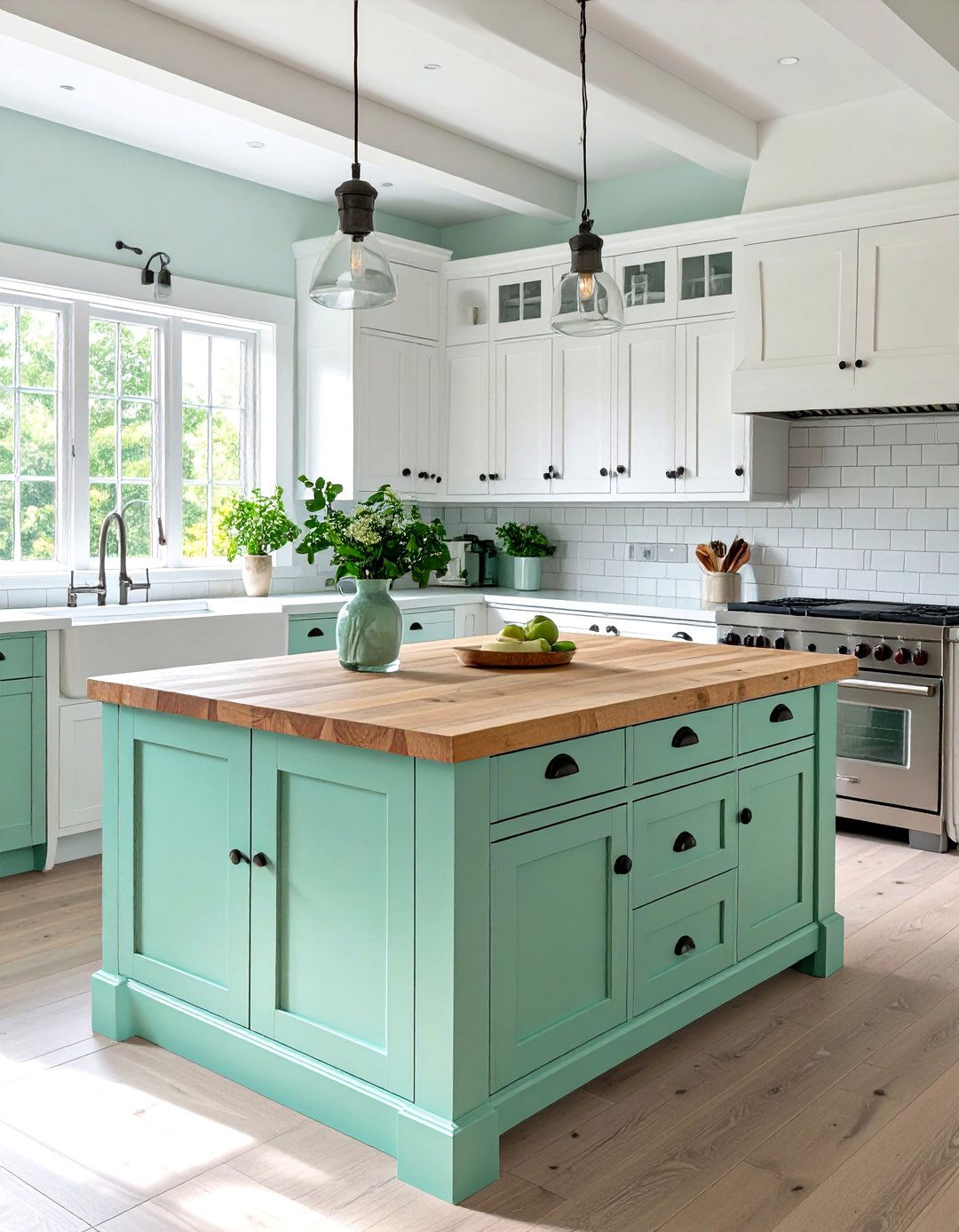 The Farmhouse Kitchen with Mint Green Island - 30 green interior design ideas