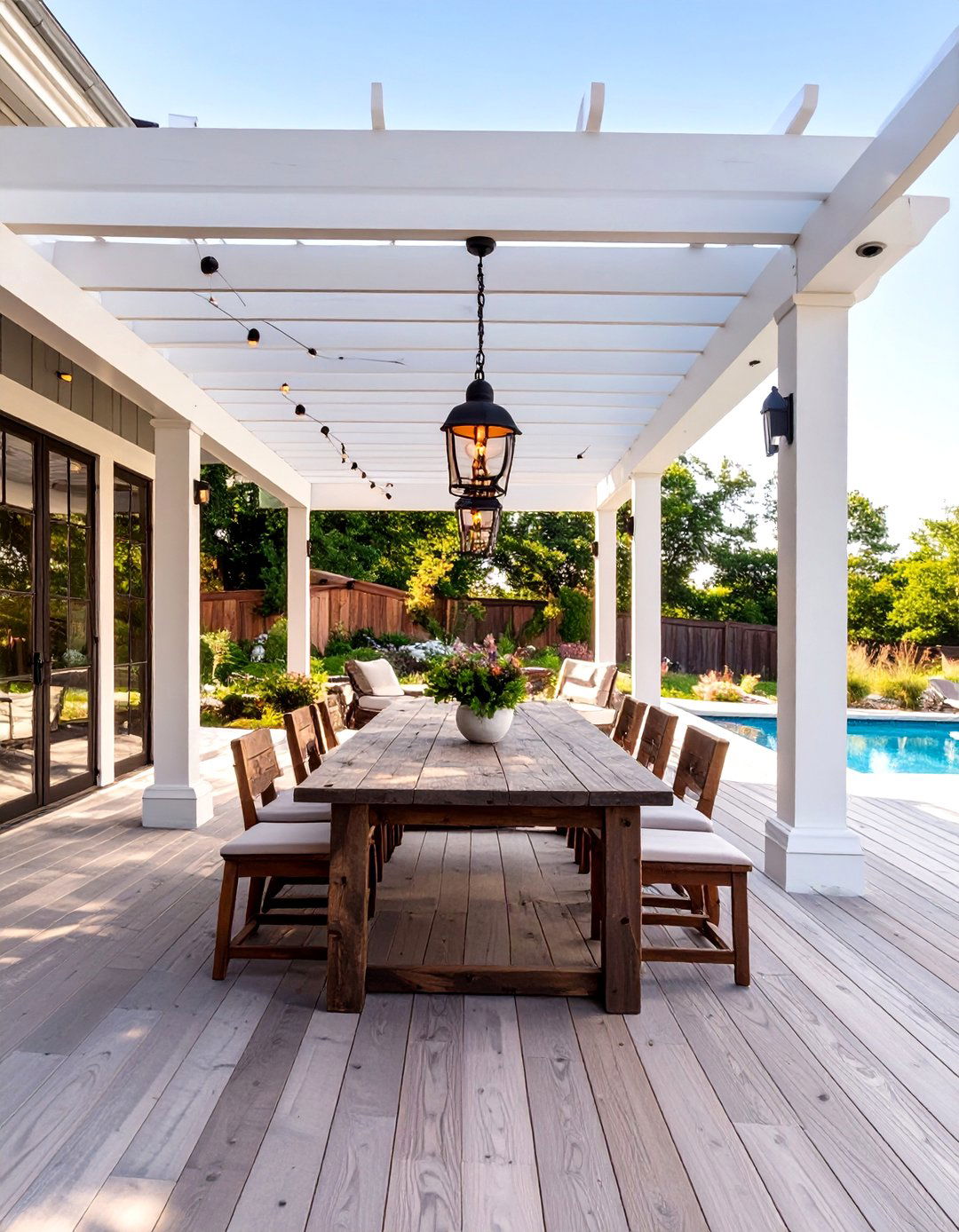 The Farmhouse Style Deck with Pergola - 30 deck ideas for above ground pools