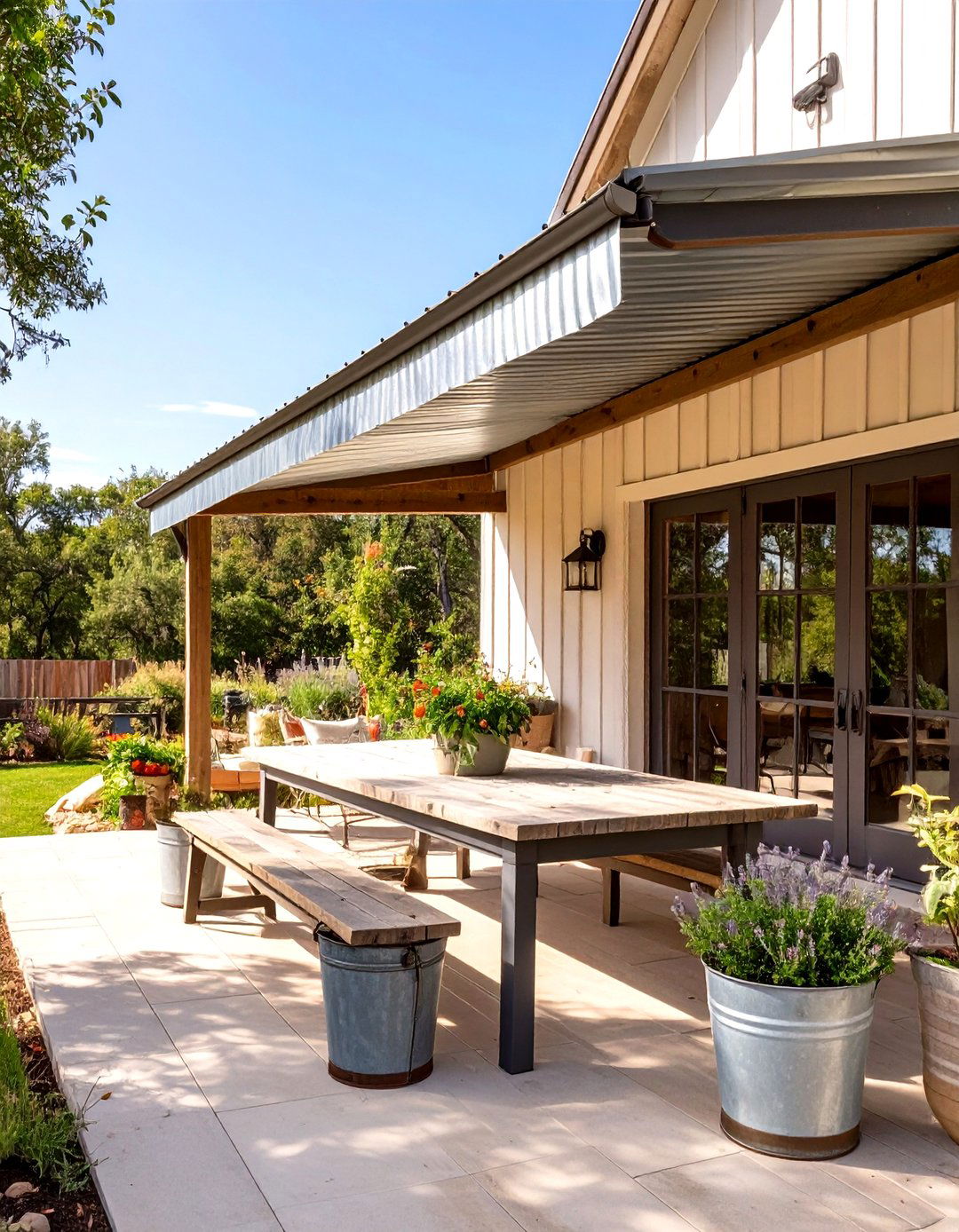 The Farmhouse Style Tin Awning - 30 inexpensive covered patio ideas