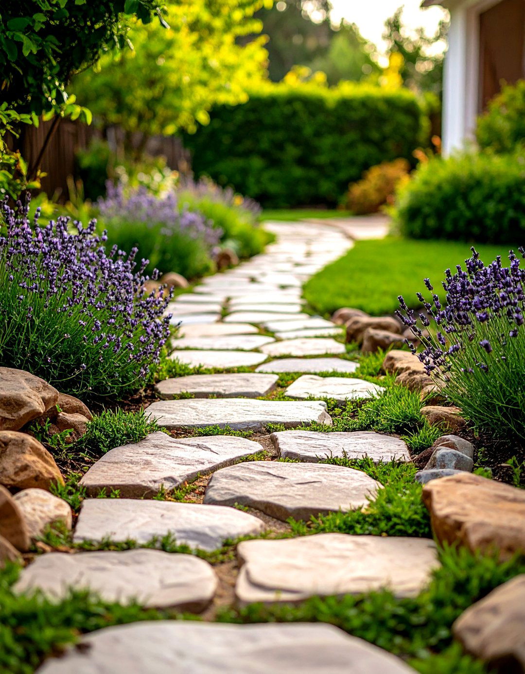 The Flagstone Pathway with Creeping Plants - 30 front yard landscaping ideas with rocks