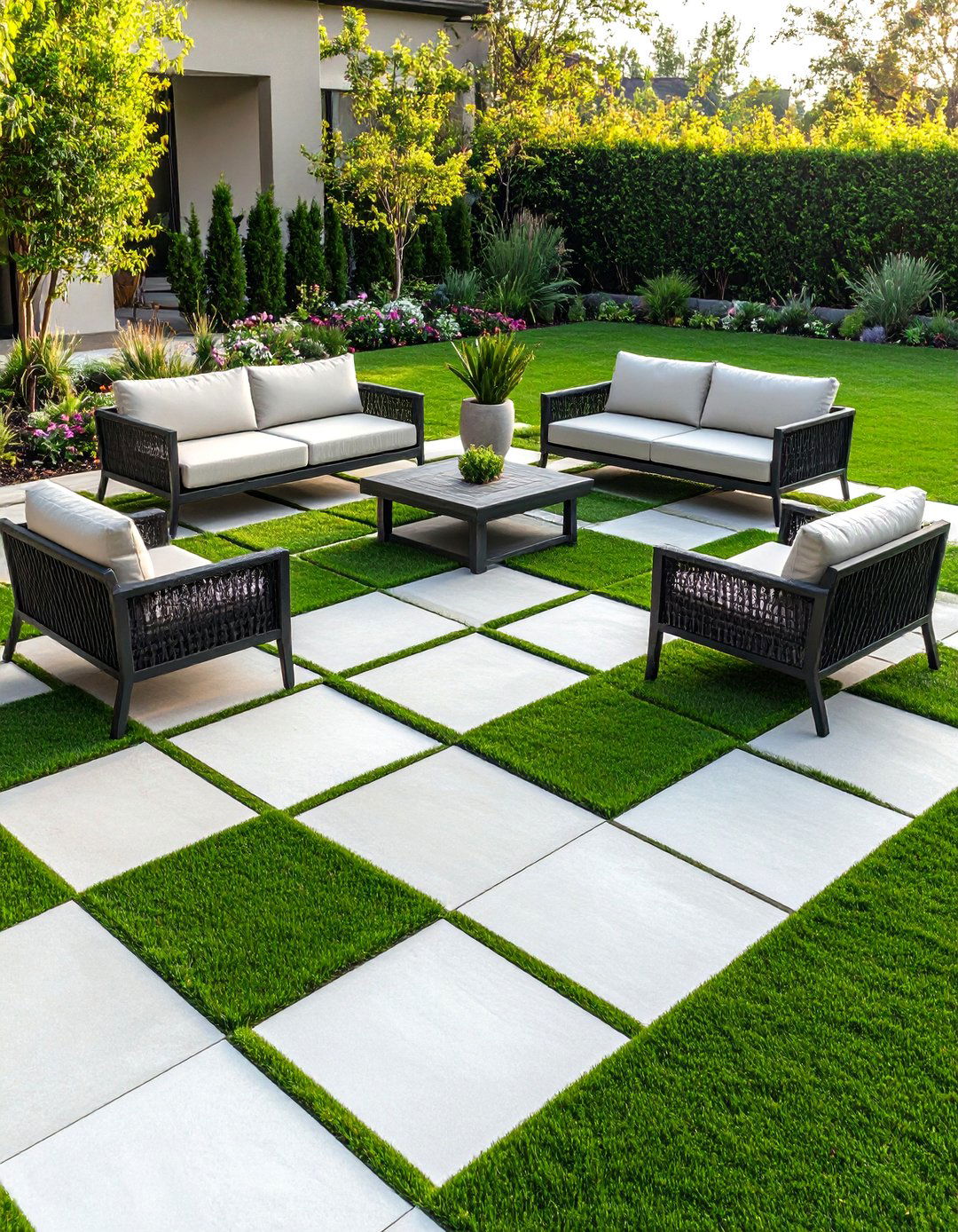 The Flagstone and Grass Checkerboard - 30 flagstone patio ideas