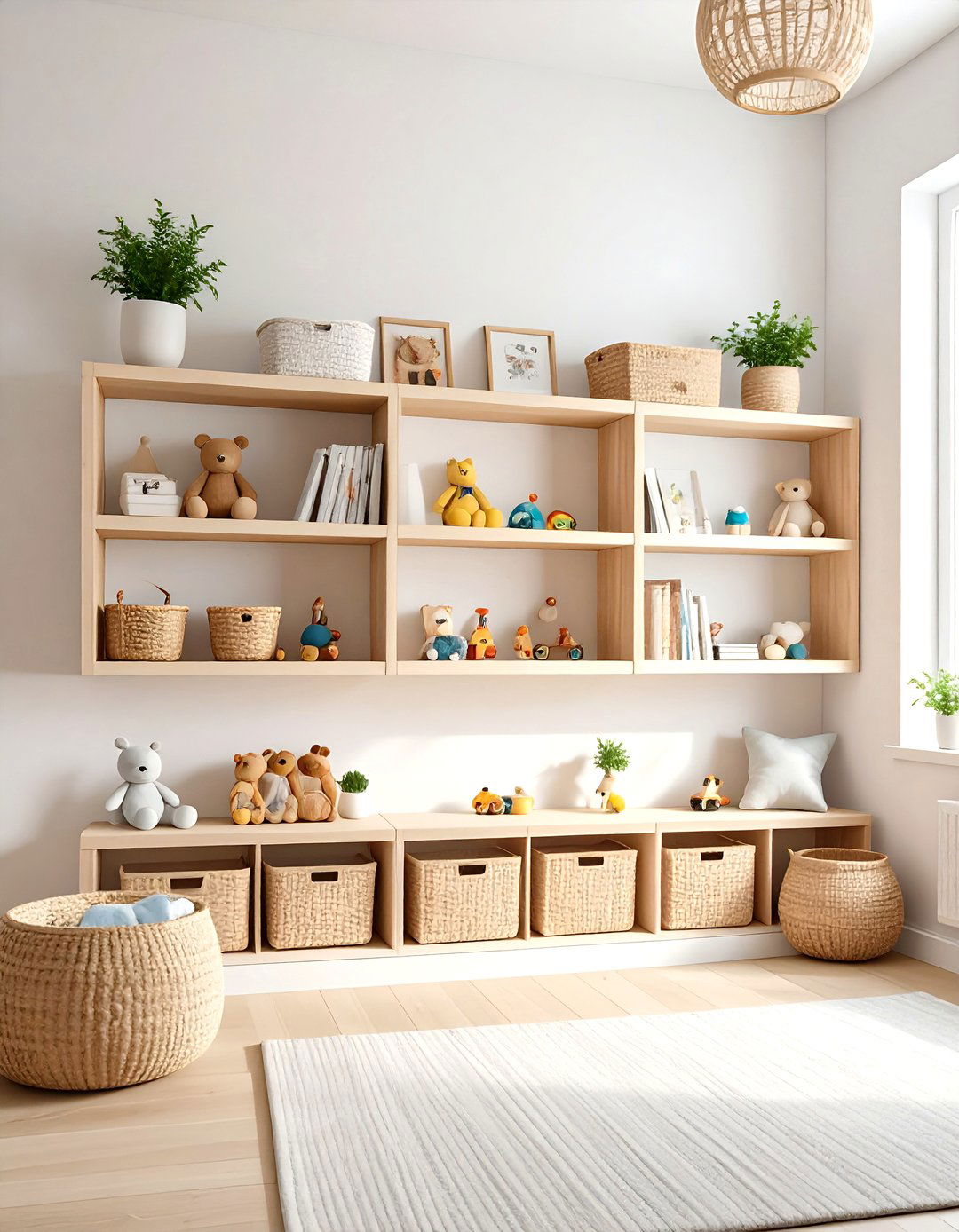 The Floating Shelves with Baskets - 30 living room toy storage ideas