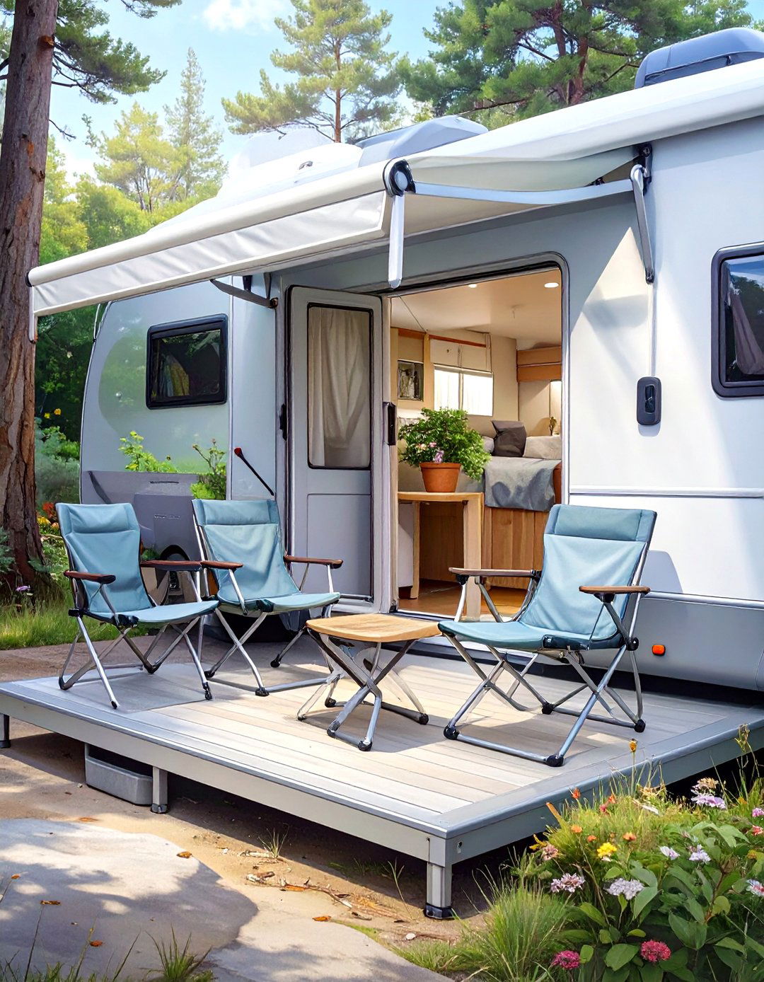 The Fold Down Traveling Porch - 30 diy camper deck ideas