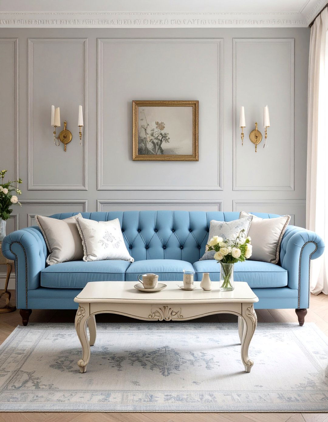 The Formal French Country Duck Egg Blue and Taupe Grey Living Room - 30 blue and grey living room ideas