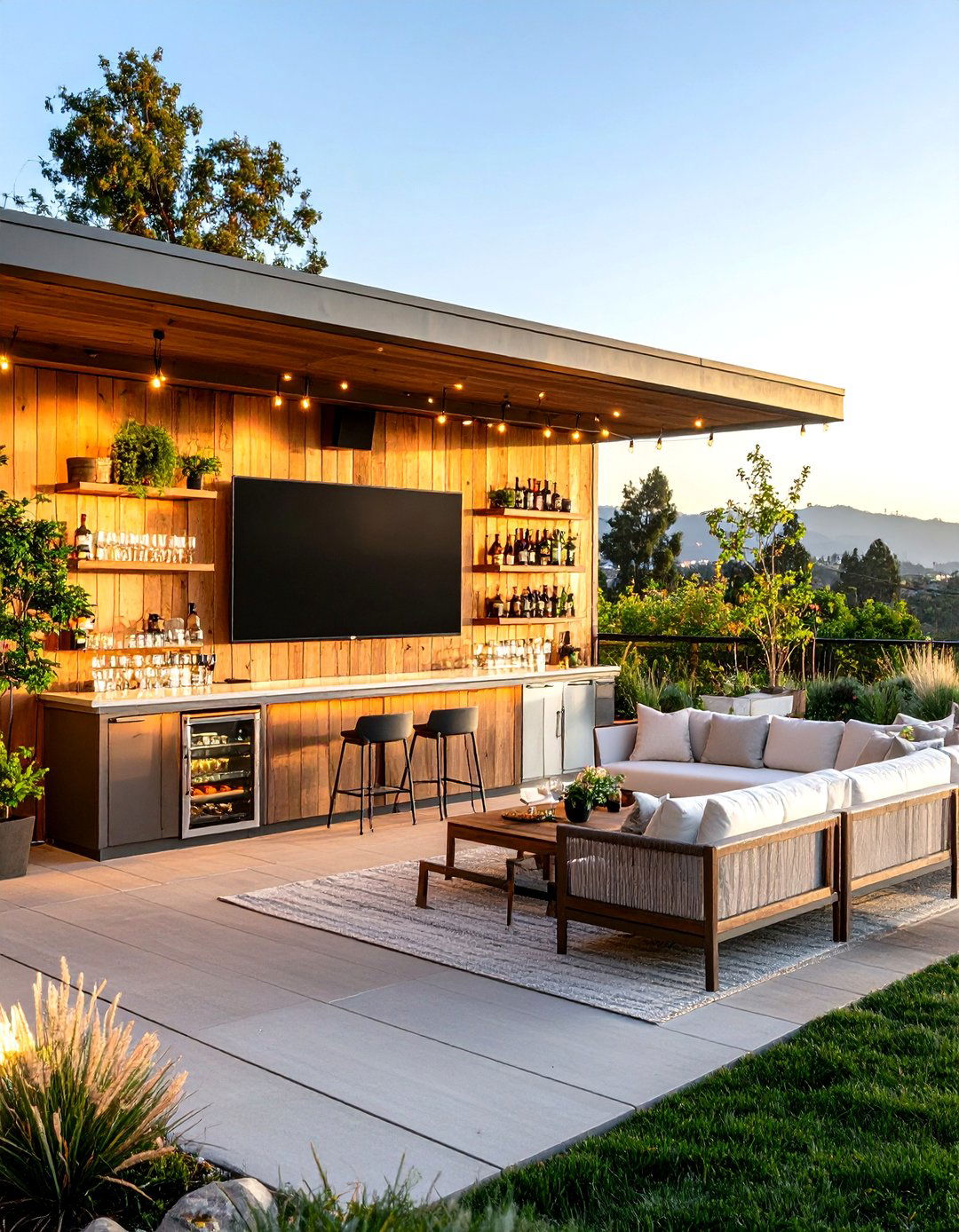 The Full Entertainment Wall with a Bar - 30 diy outdoor tv ideas