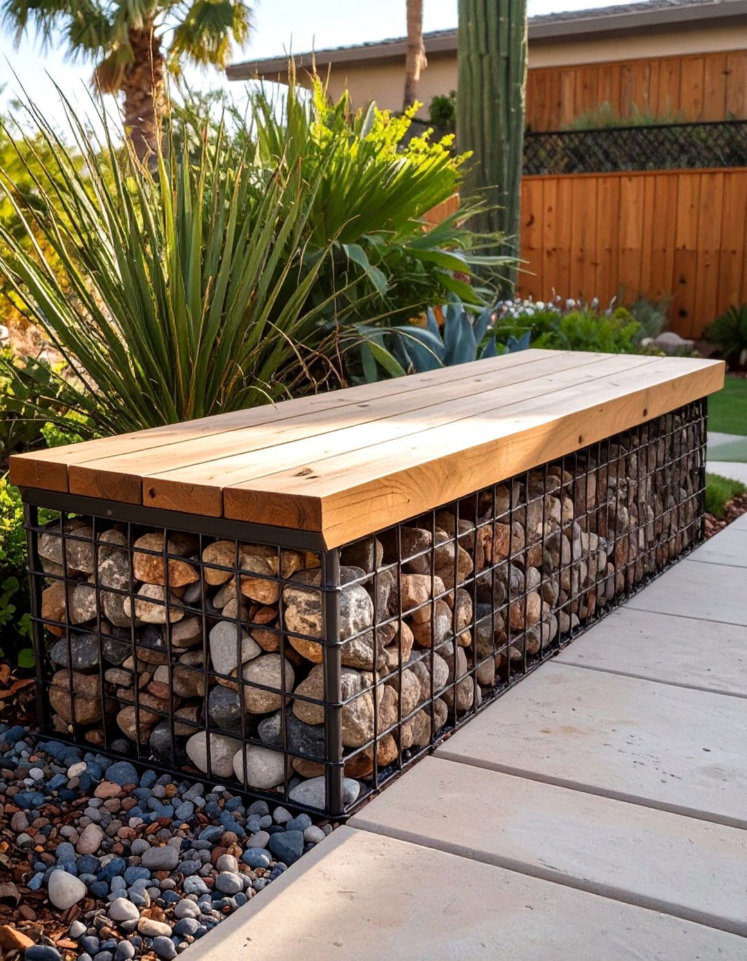 The Gabion Wall Bench and Planter - 30 arizona backyard ideas on a budget