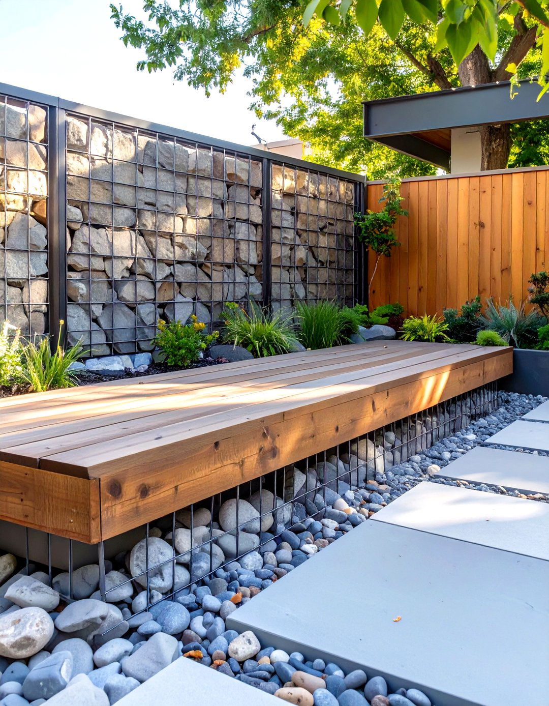 The Gabion Wall Enclosure - 30 modern backyard ideas no grass