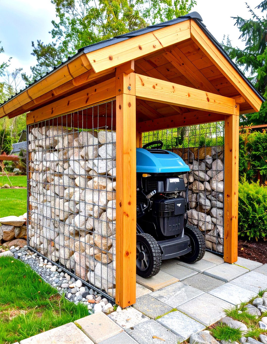 The Gabion Wall Enclosure - 30 lawn mower storage ideas