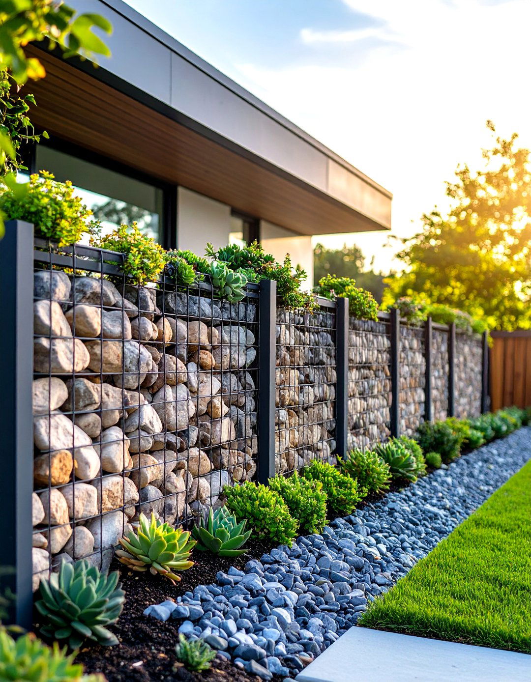 The Gabion Wall Feature - 30 front yard xeriscape ideas colorado