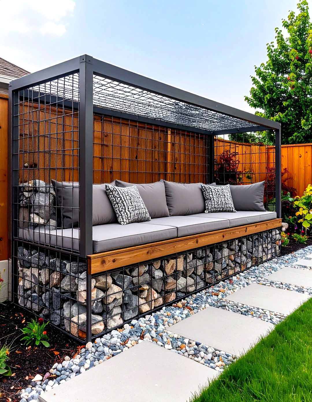 The Gabion Wall and Bench System - 30 backyard hardscape ideas