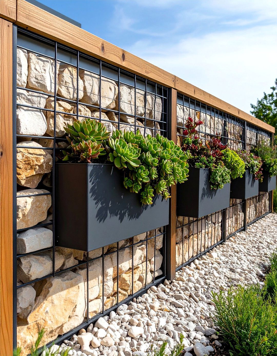 The Gabion Wall with Integrated Planters - 30 garden retaining wall ideas