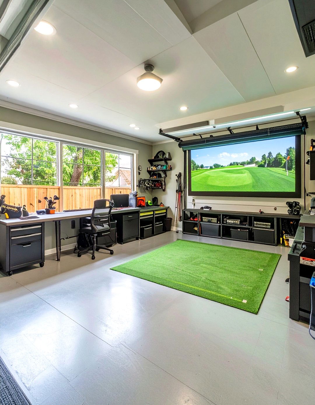 The Garage Workshop Hybrid - 30 garage golf simulator ideas