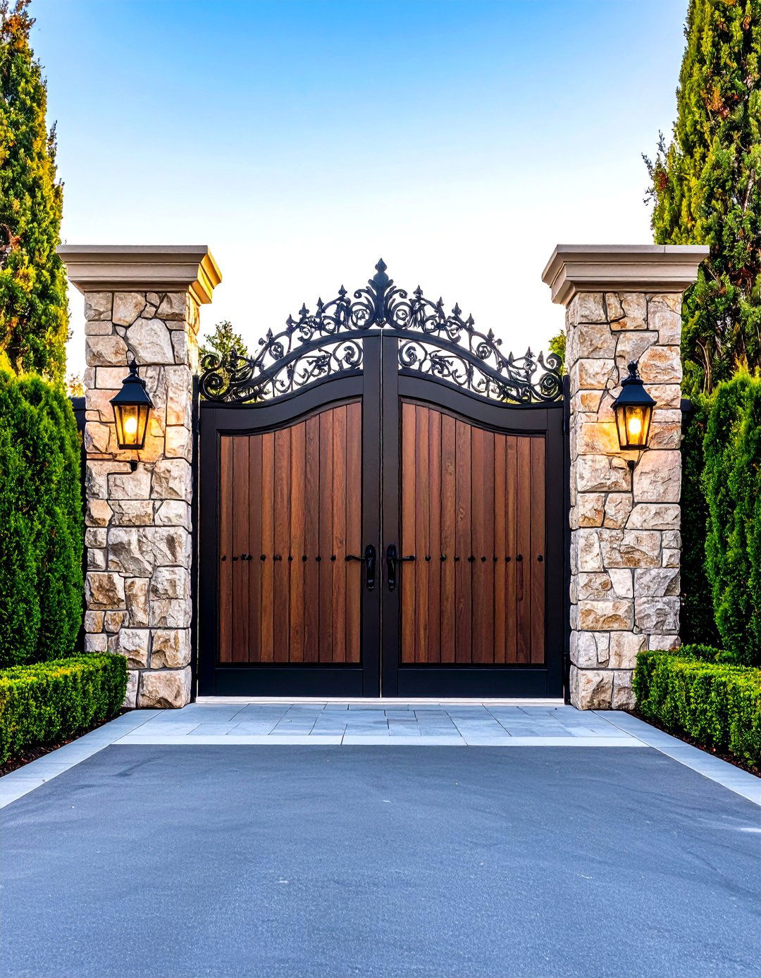 The Gated Driveway with Stone Pillars - 30 front yard privacy ideas