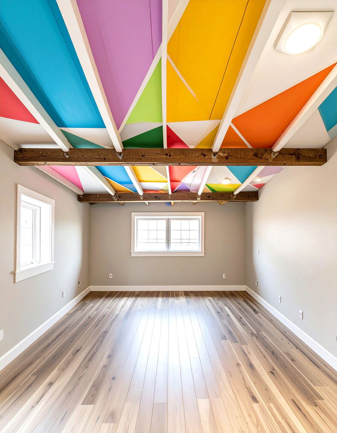 The Geometric Painted Joist Ceiling - 30 cheap basement ceiling ideas