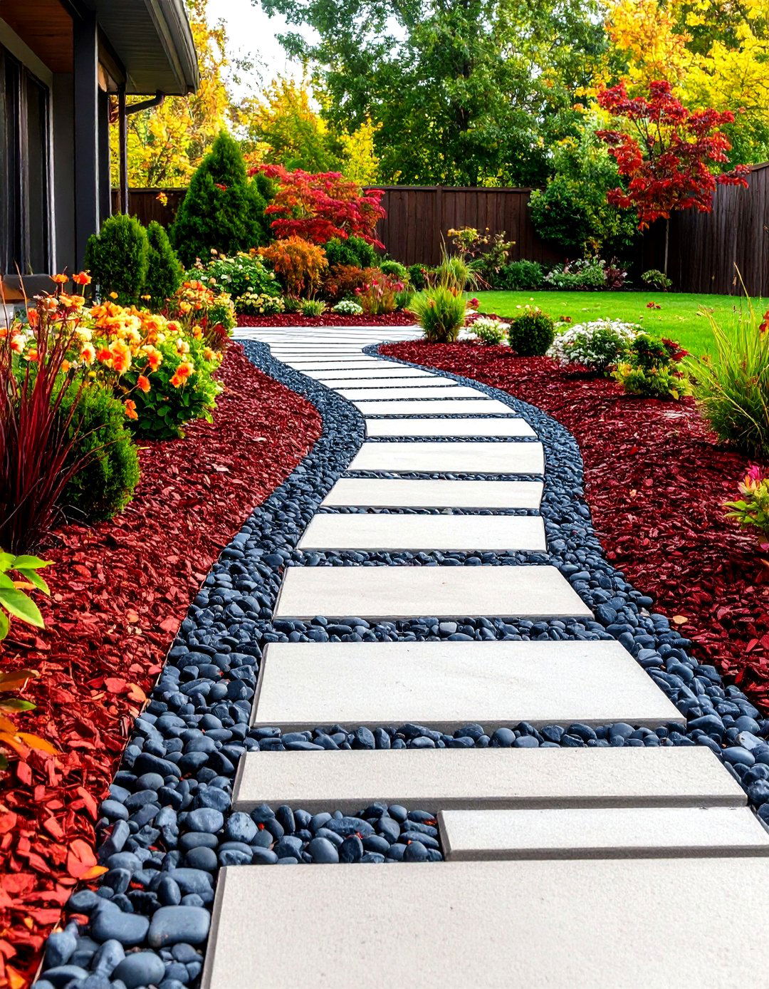 The Geometric Pathway with Mulch Beds - 30 front yard landscaping ideas with rocks and mulch