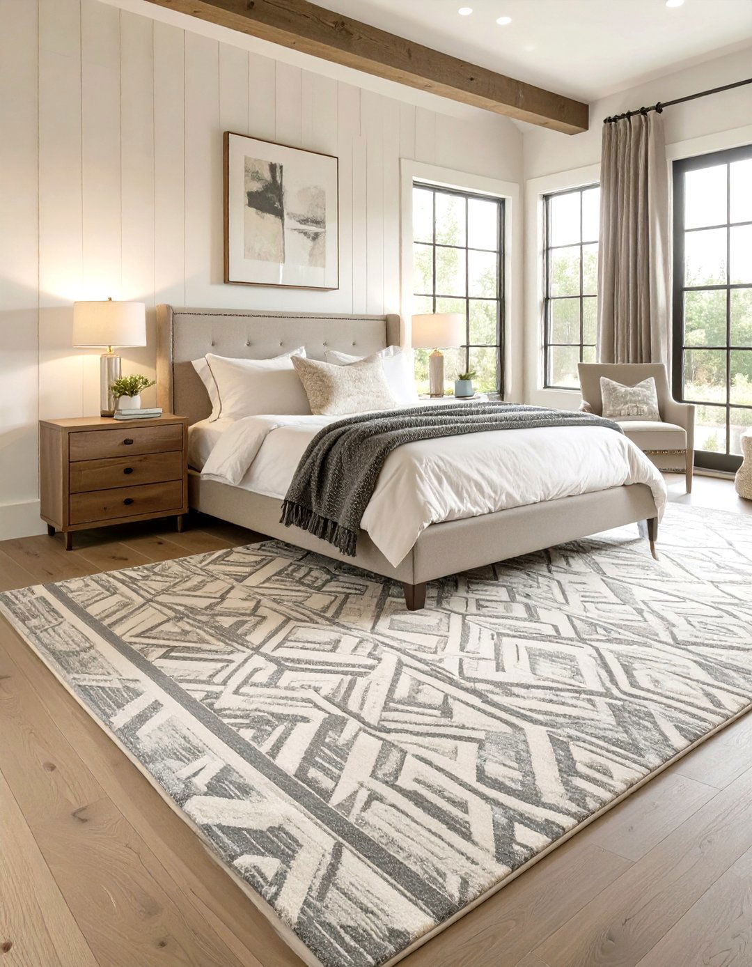 The Geometric Patterned Rug - 30 modern farmhouse bedroom ideas