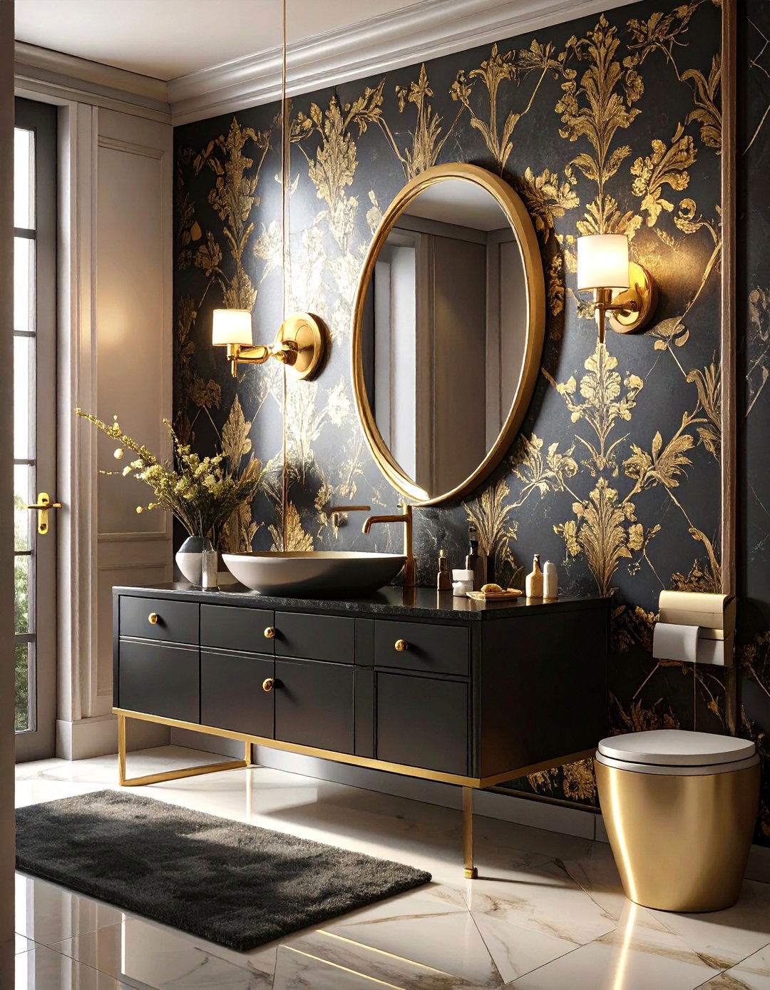 The Glamorous Black and Gold Powder Room - 30 dark interior design ideas