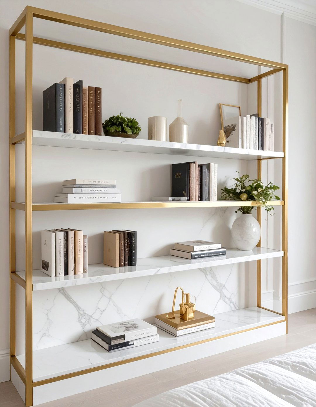 The Glamorous Gold and Marble Bedroom Bookshelf - 30 bedroom bookshelf ideas