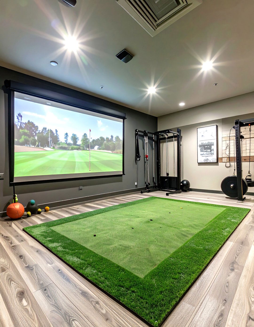 The Golf Simulator and Fitness Room - 30 basement gym ideas