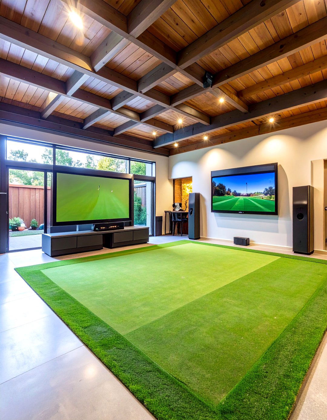 The Golf Simulator and Putting Green - 30 2 car garage man cave ideas