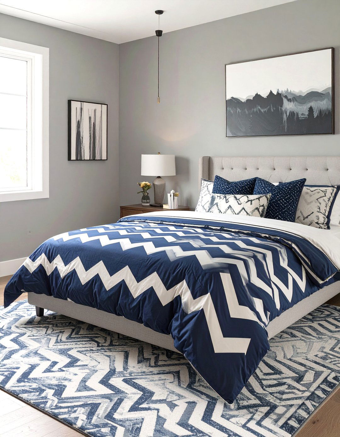 The Graphic Print Bedroom - 30 navy blue and grey bedroom ideas